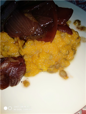 purea di tuberi con scalogno brasato